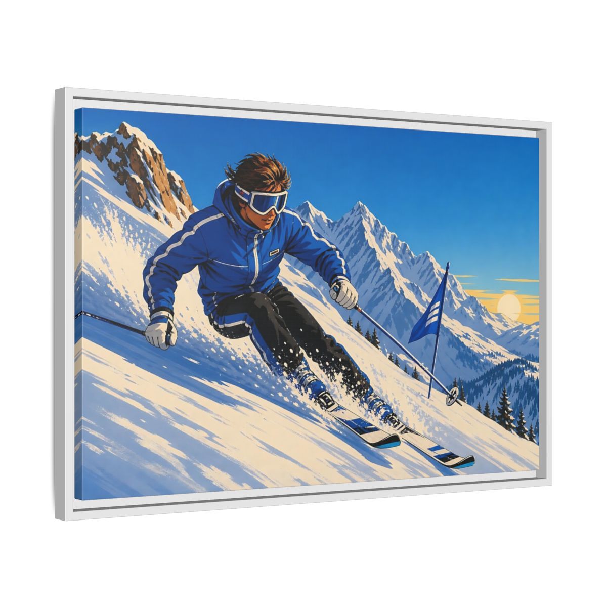Side Mockup 10. Alpine Ski Descent shown as framed canvas print