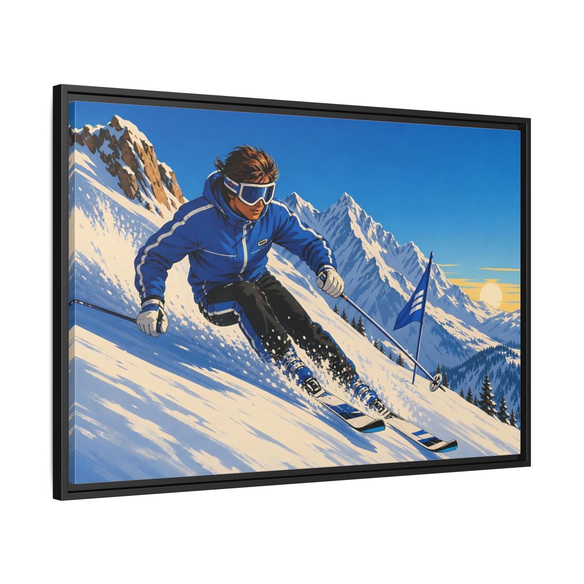 Side Mockup 13. Alpine Ski Descent shown as framed canvas print