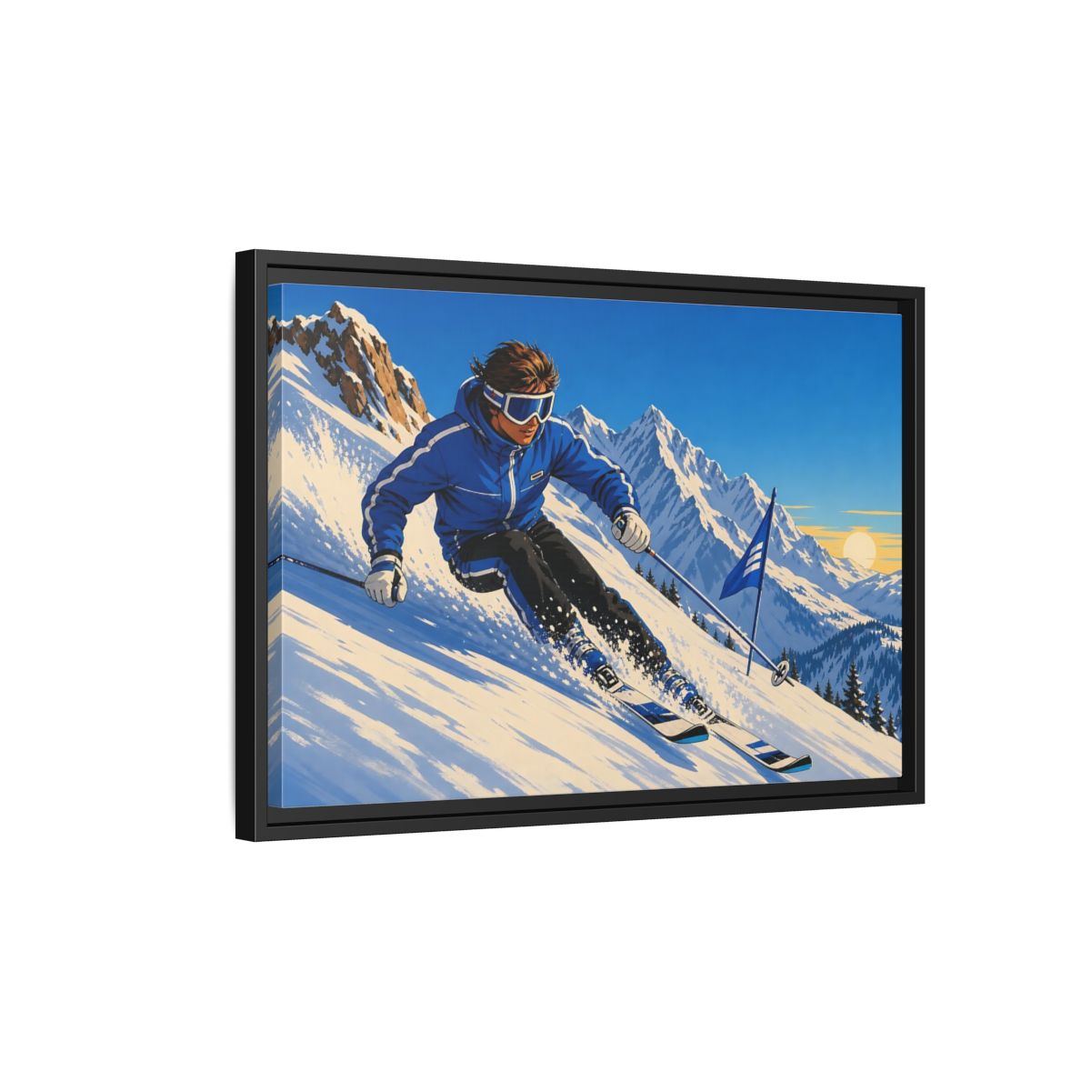 Side Mockup 3. Alpine Ski Descent shown as framed canvas print