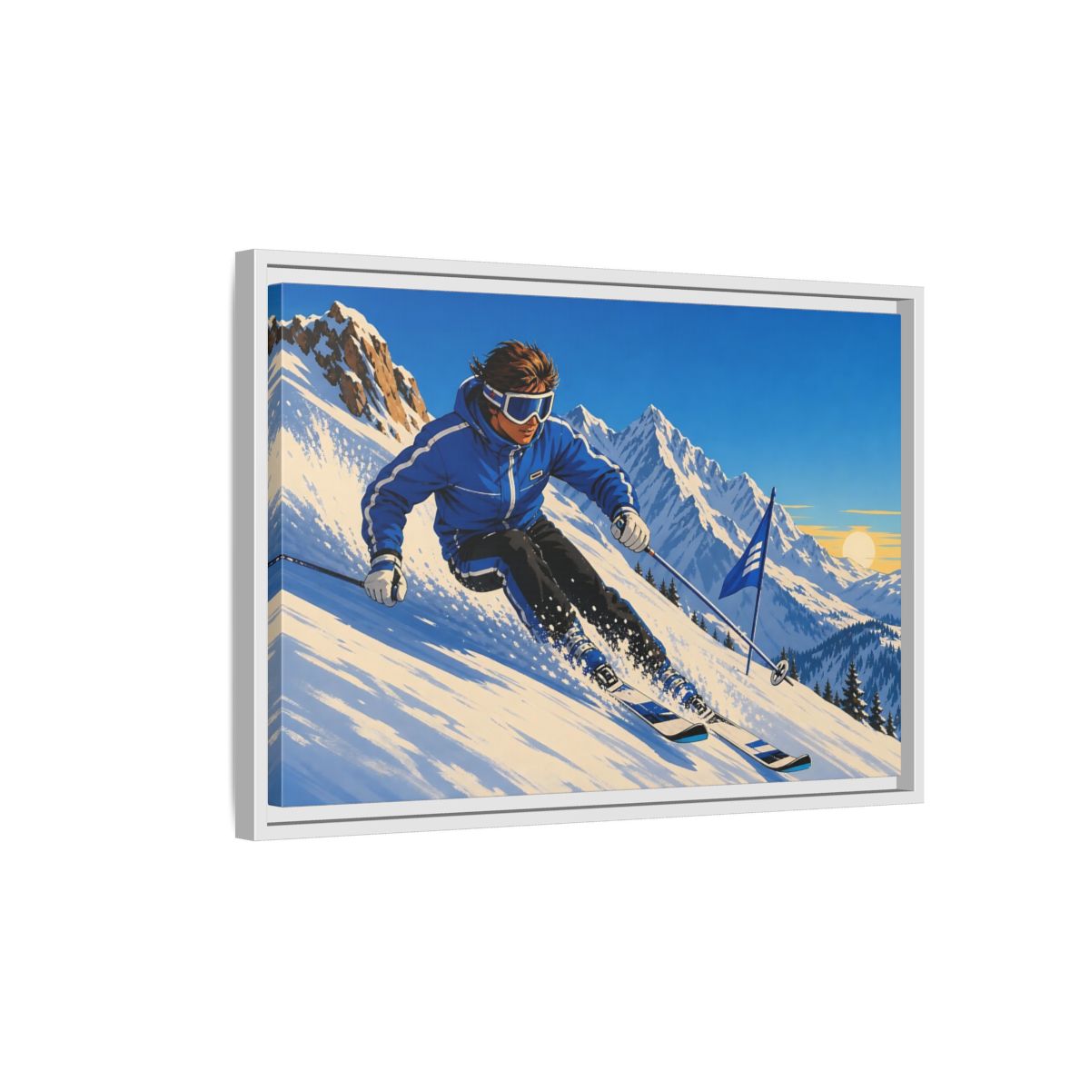 Side Mockup 1. Alpine Ski Descent shown as framed canvas print