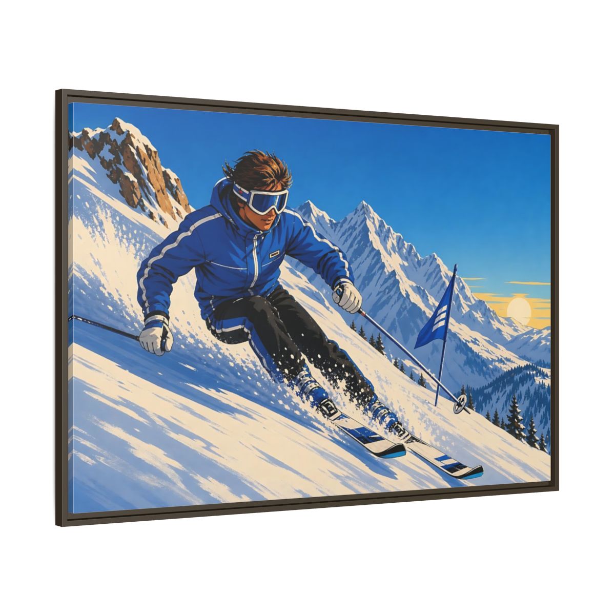 Side Mockup 8. Alpine Ski Descent shown as framed canvas print