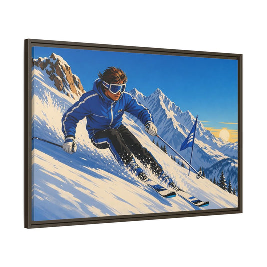 Main Mockup. Alpine Ski Descent shown as framed canvas print