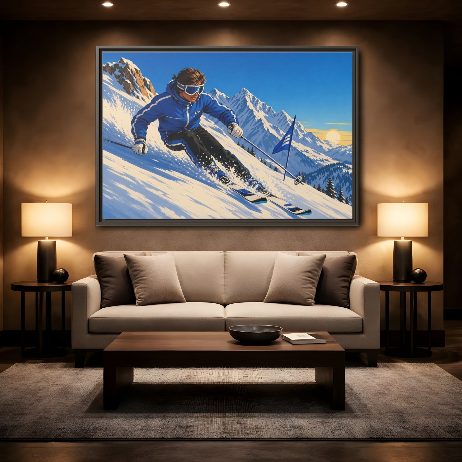 Mockup 2. Alpine Ski Descent shown as framed canvas print