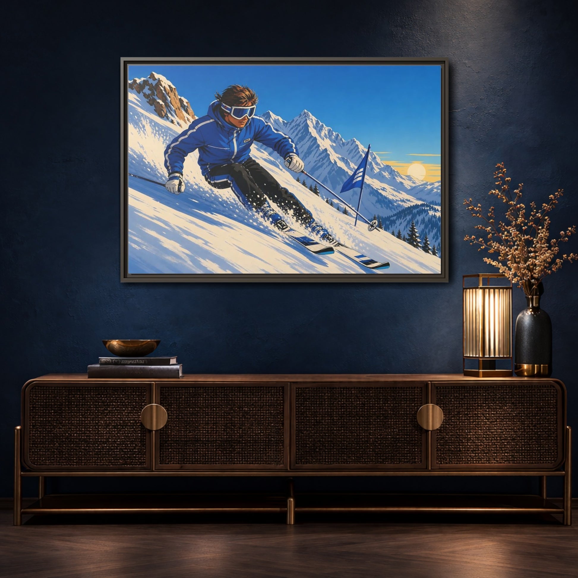 Mockup 4. Alpine Ski Descent shown as framed canvas print