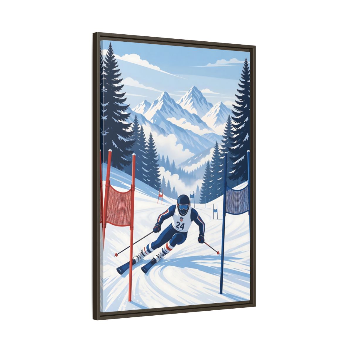 Main Mockup. Alpine Ski Racer shown as framed canvas print