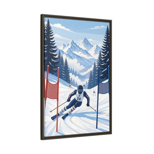 Main Mockup. Alpine Ski Racer shown as framed canvas print