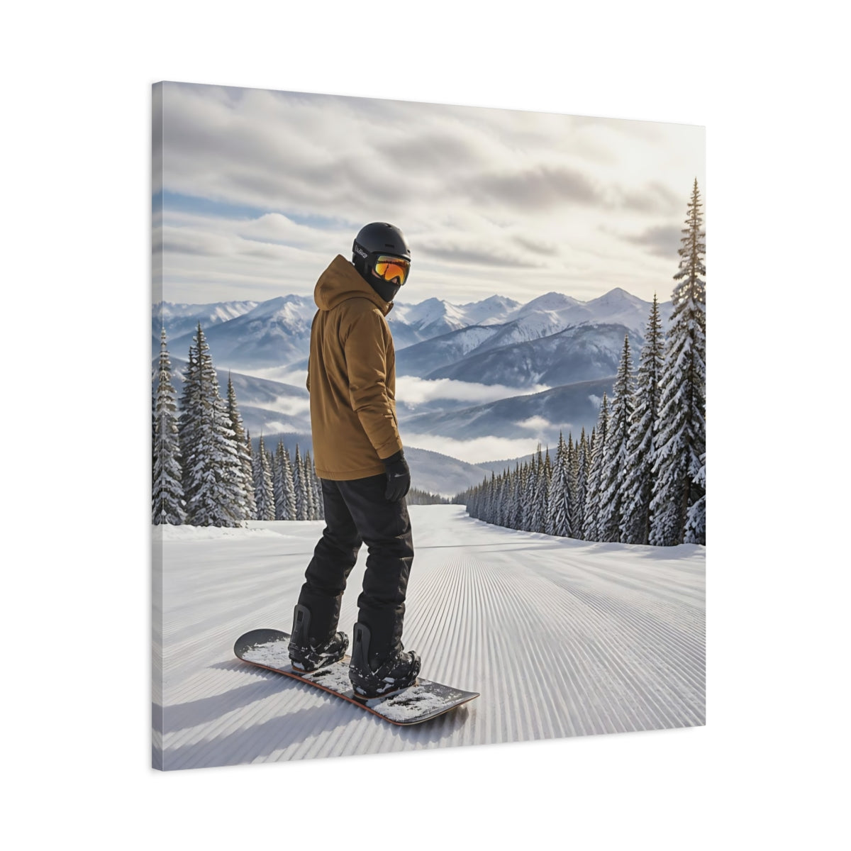 Main Mockup. Alpine Snowboard Descent shown as canvas print