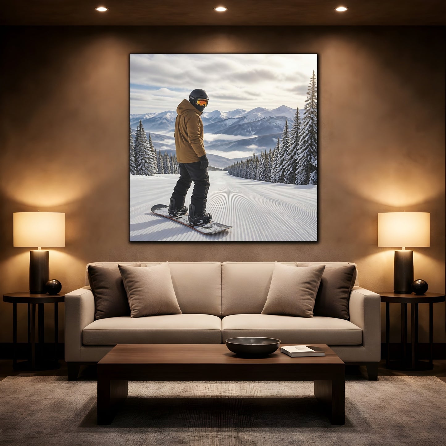 Mockup 2. Alpine Snowboard Descent shown as canvas print