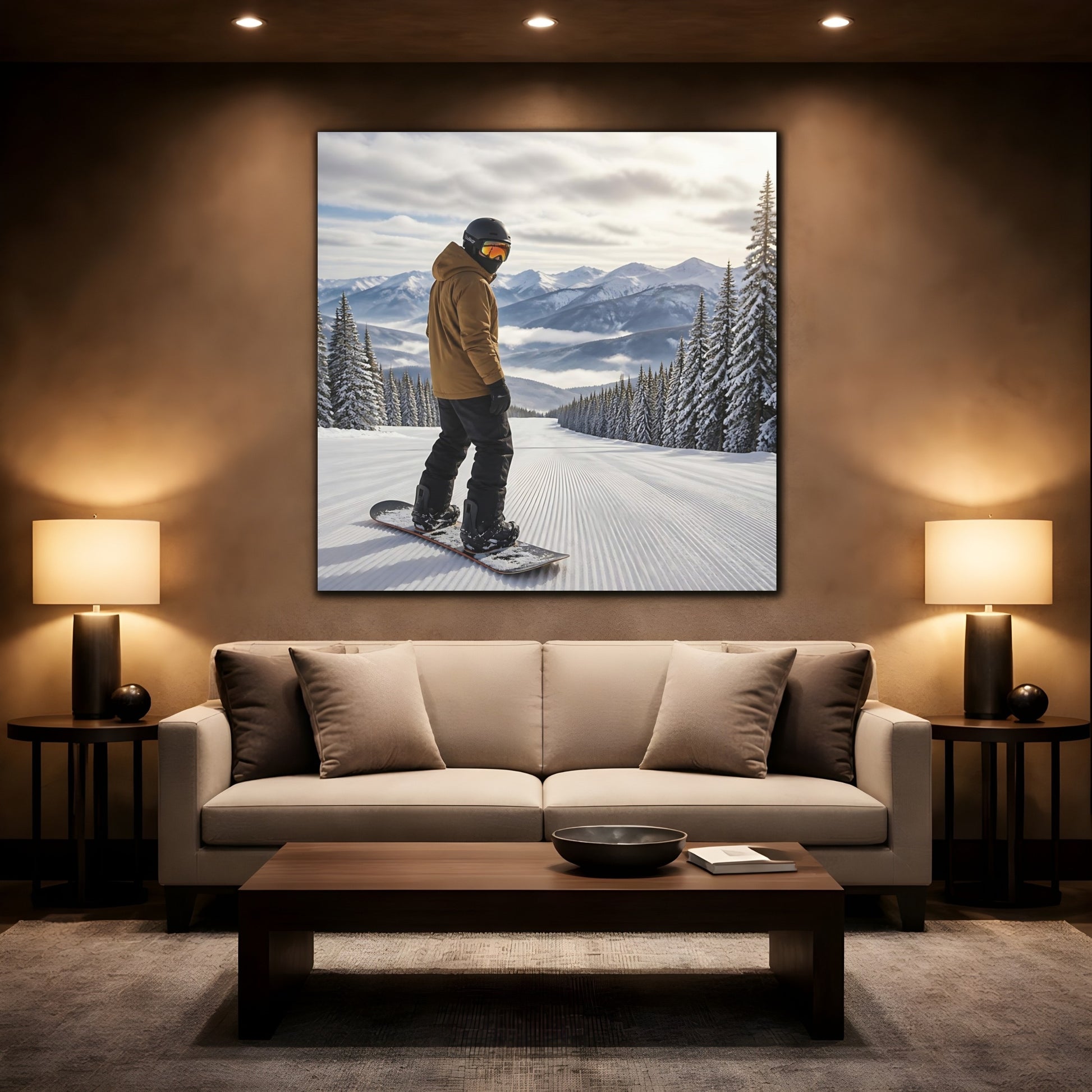 Mockup 2. Alpine Snowboard Descent shown as canvas print
