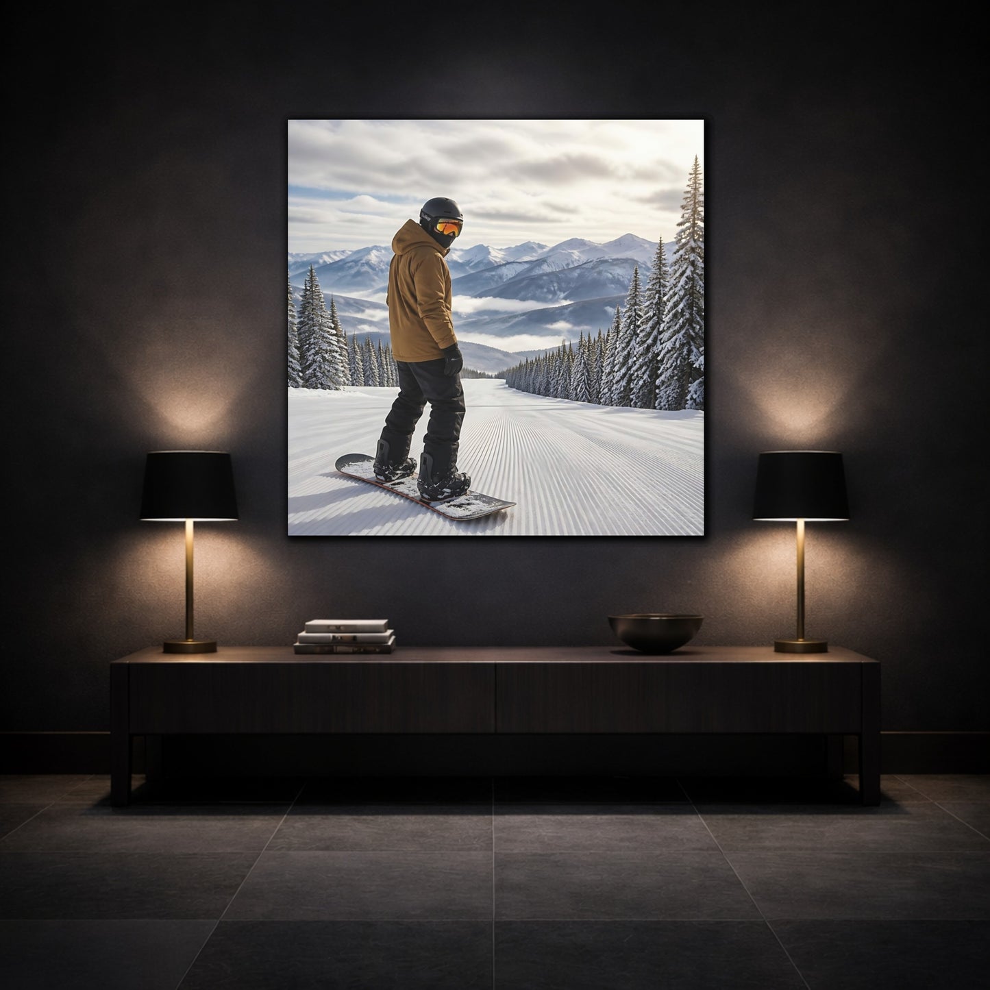 Mockup 3. Alpine Snowboard Descent shown as canvas print