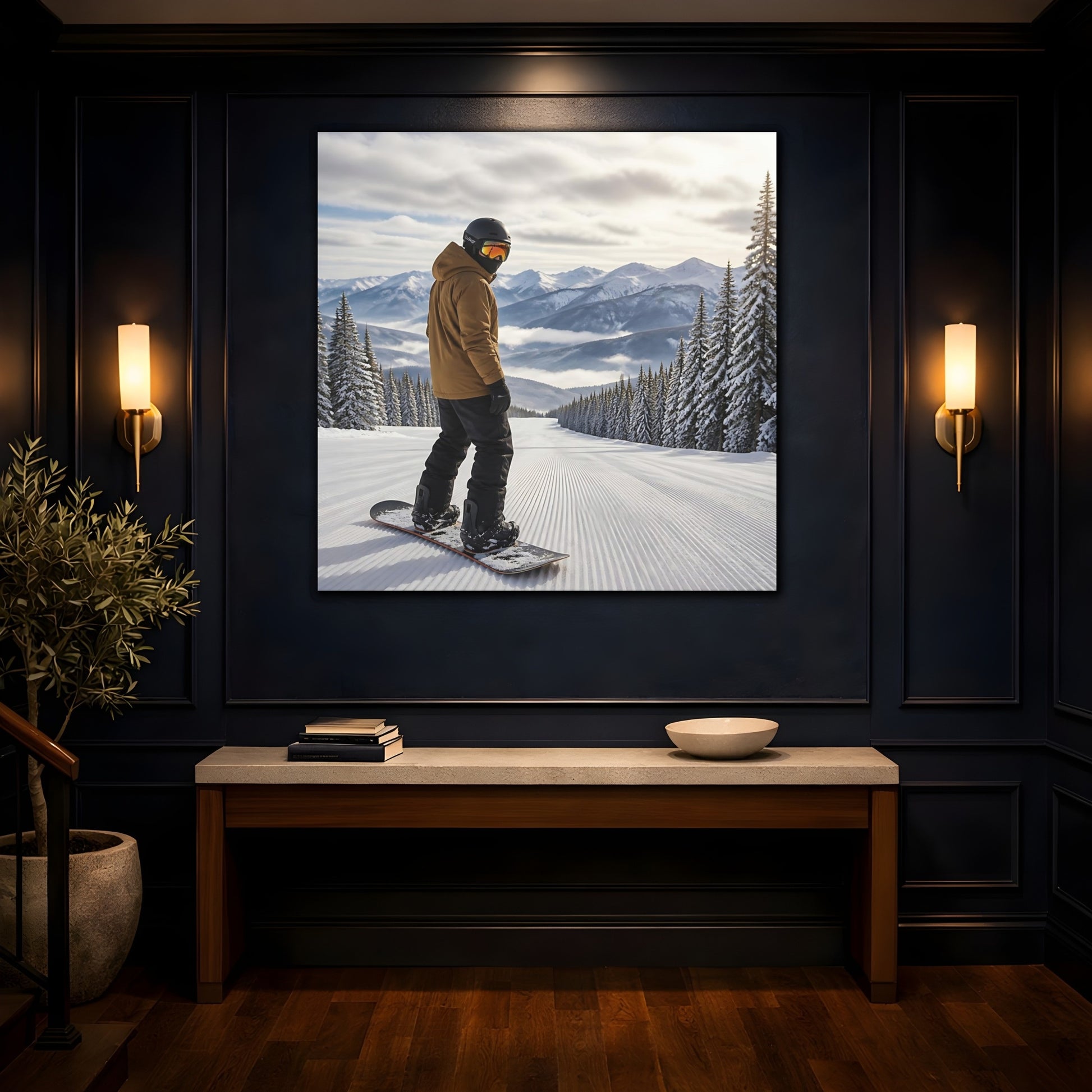 Mockup 4. Alpine Snowboard Descent shown as canvas print
