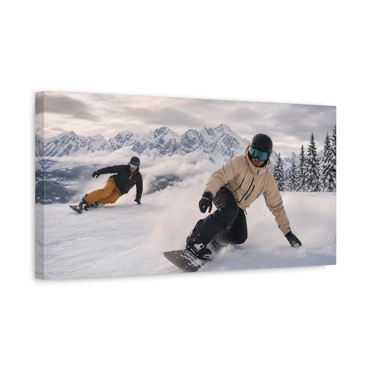 Side Mockup 3. Alpine Snowboard Duo shown as canvas print