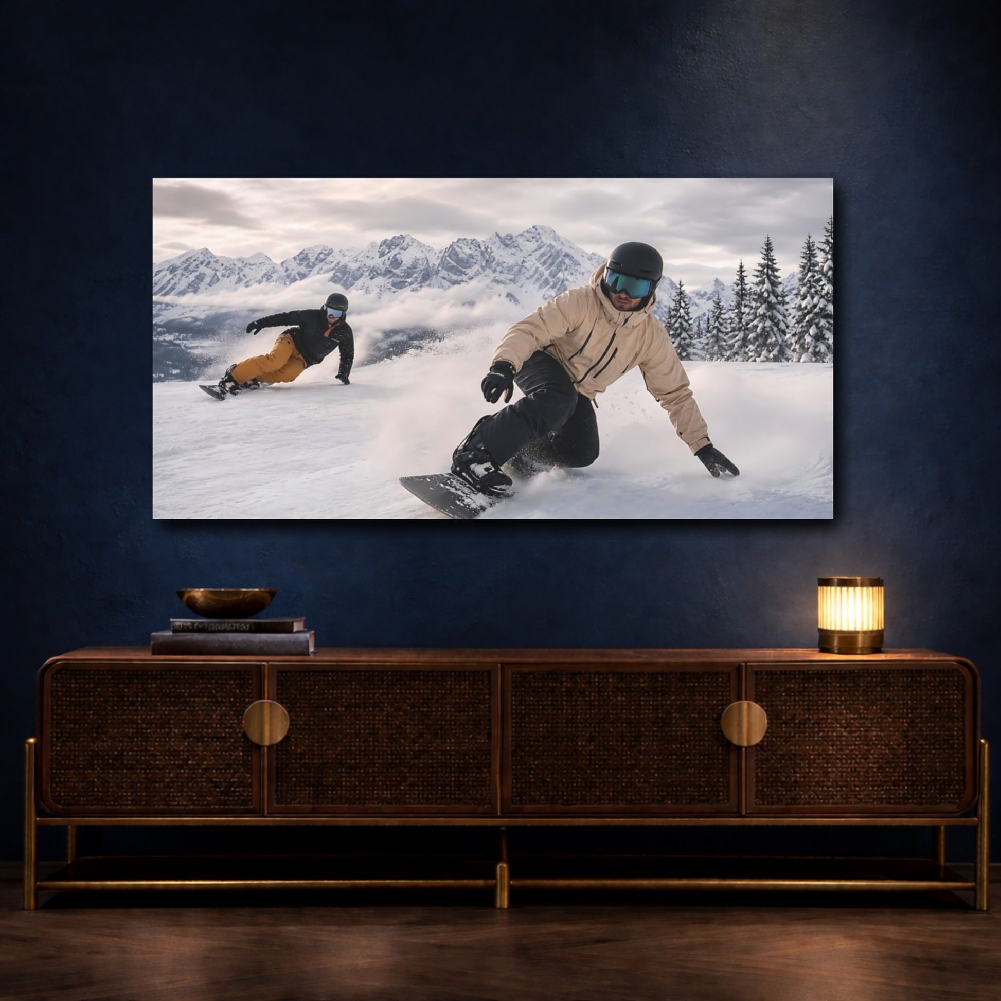 Mockup 4. Alpine Snowboard Duo shown as canvas print