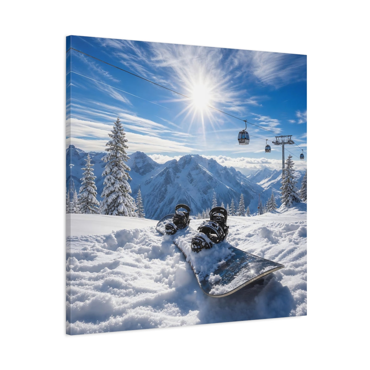 Main Mockup. Alpine Snowboard Sunrise shown as canvas print