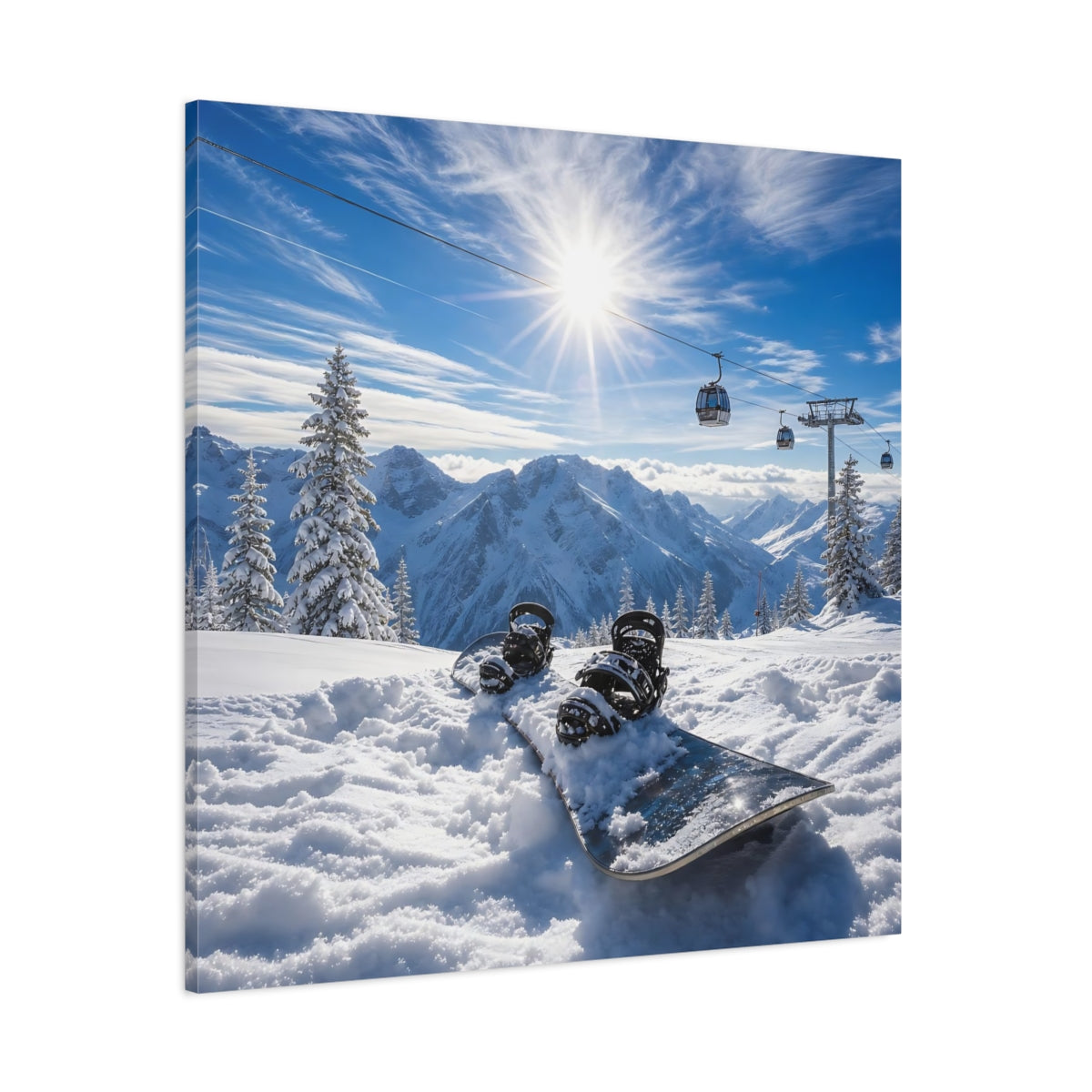 Side Mockup 1. Alpine Snowboard Sunrise shown as canvas print