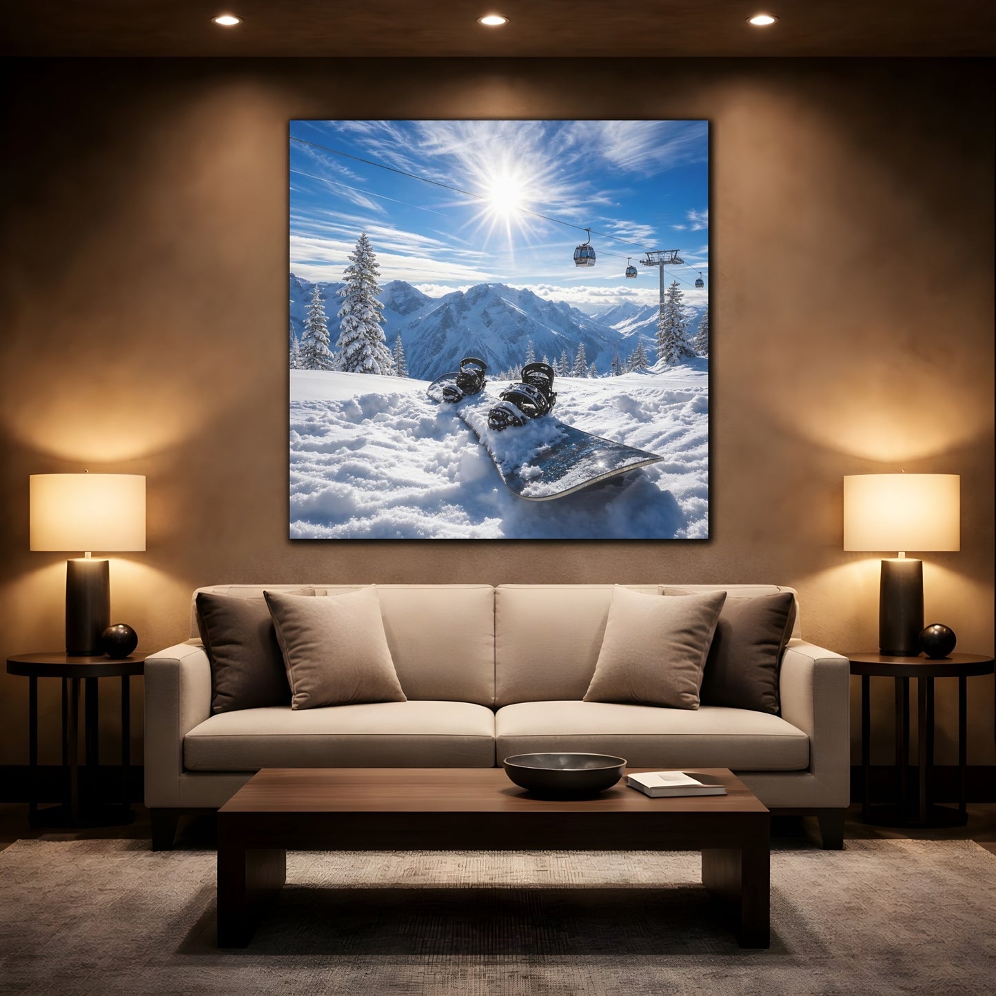 Mockup 2. Alpine Snowboard Sunrise shown as canvas print