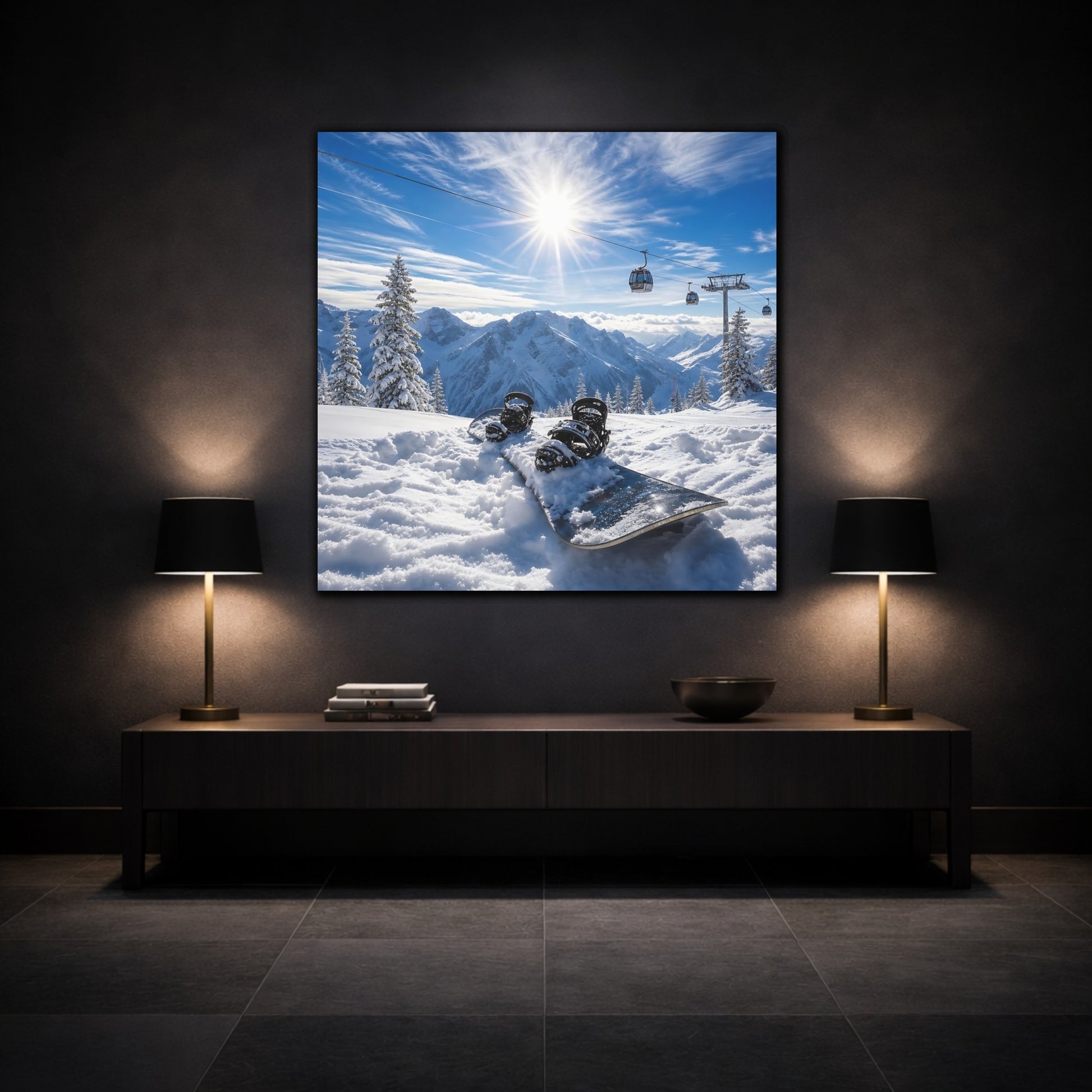 Mockup 3. Alpine Snowboard Sunrise shown as canvas print