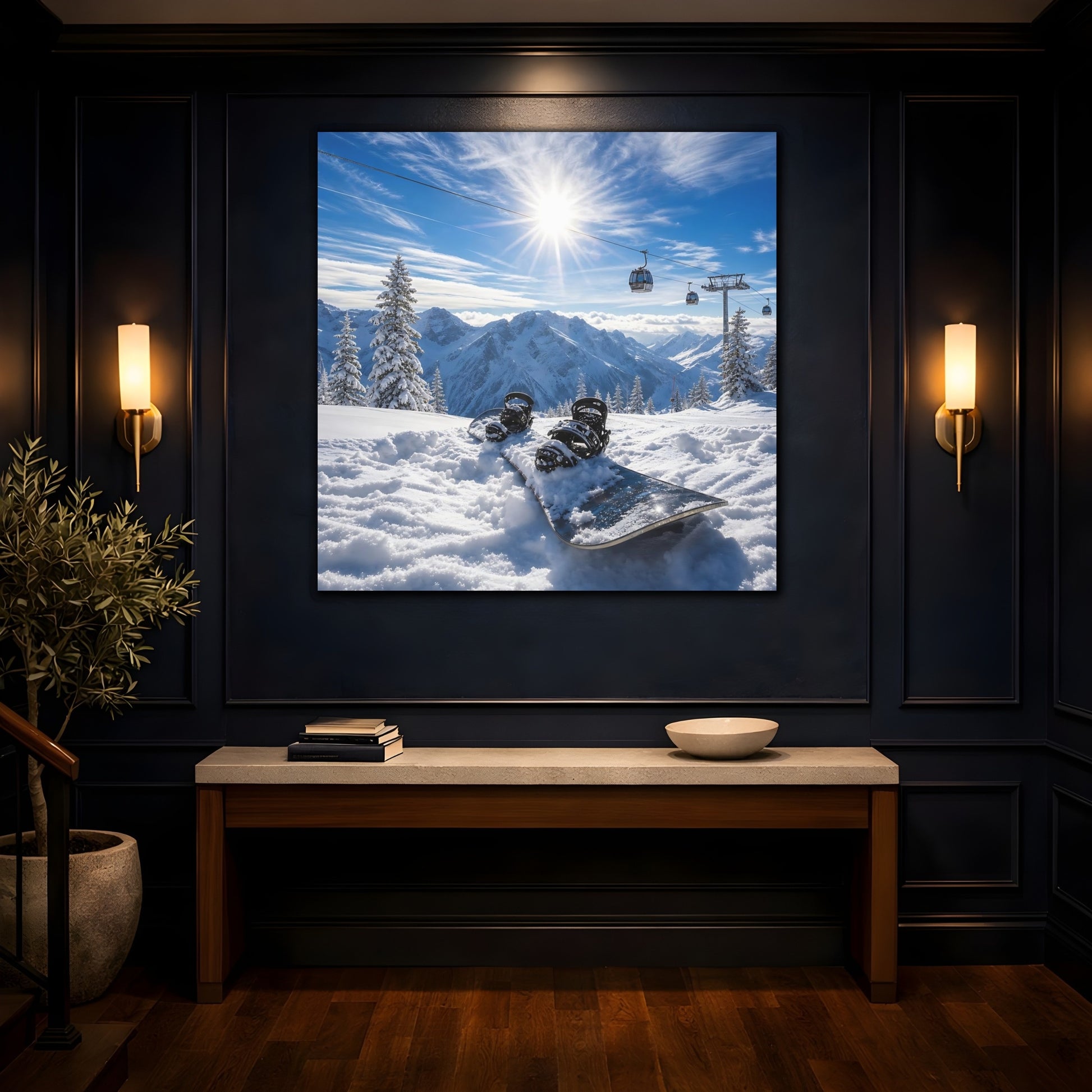 Mockup 4. Alpine Snowboard Sunrise shown as canvas print