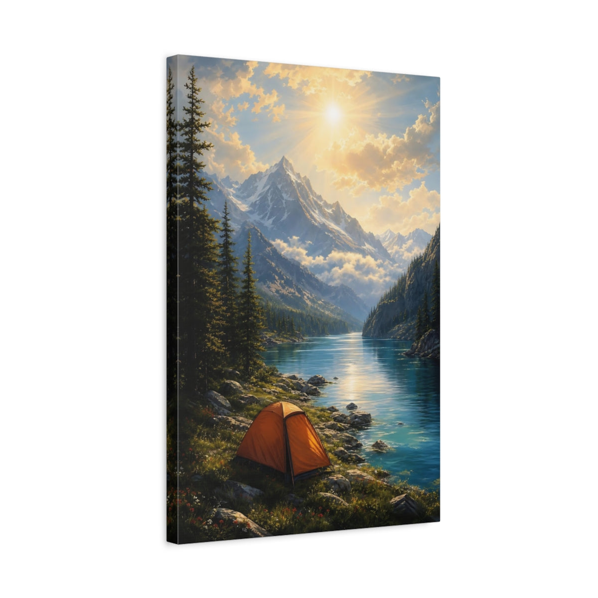 Side Mockup 3. Alpine Sunrise Camp shown as canvas print