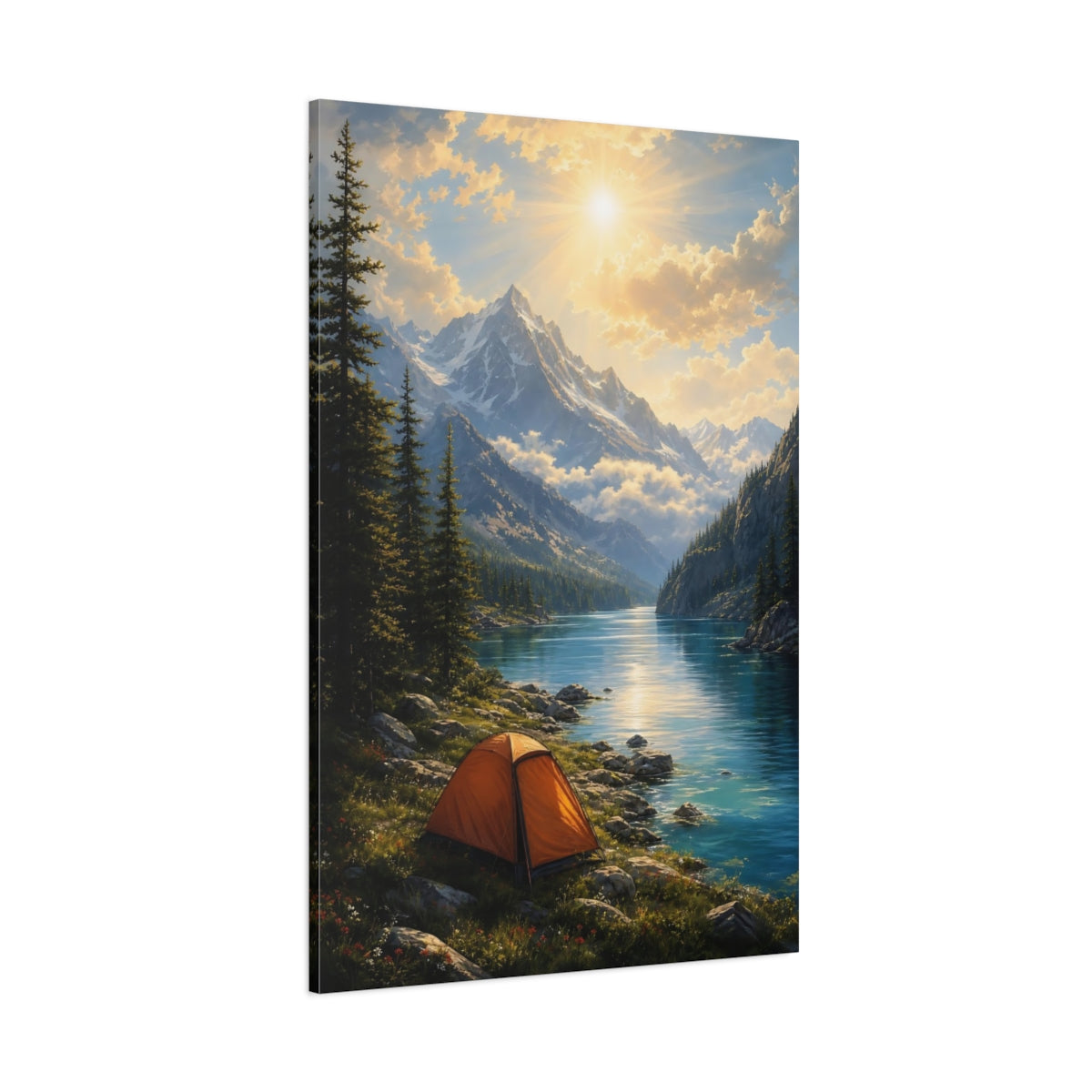 Side Mockup 1. Alpine Sunrise Camp shown as canvas print