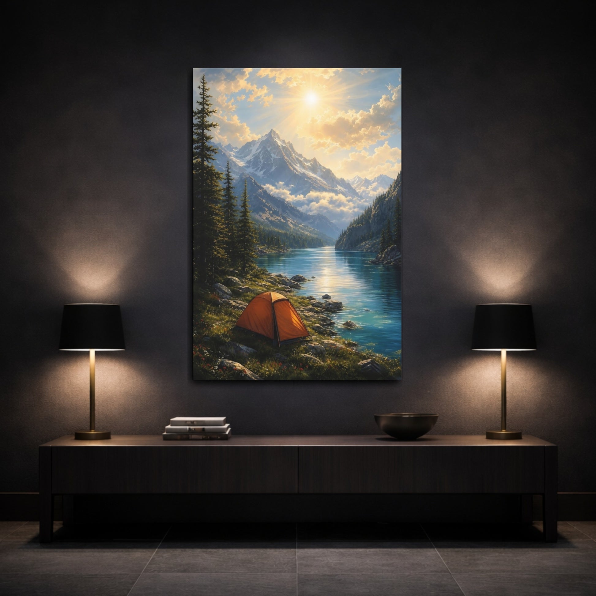 Mockup 3. Alpine Sunrise Camp shown as canvas print