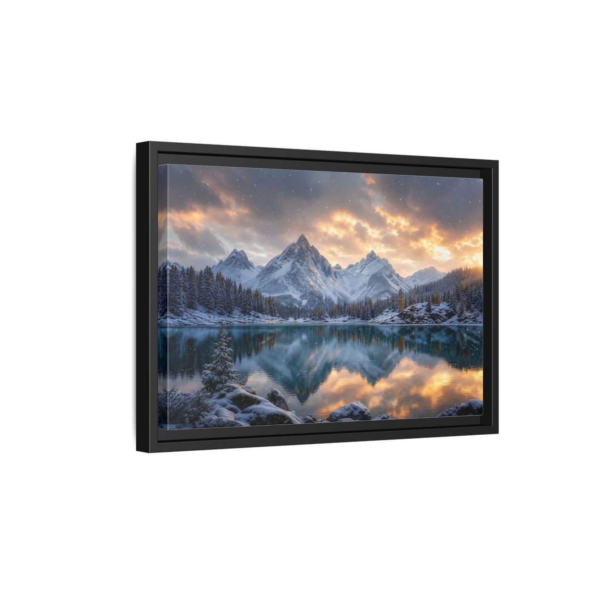 Side Mockup 6. Alpine Sunset Reflection shown as framed canvas print