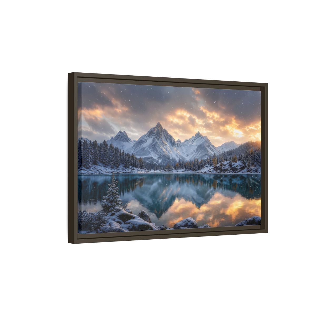 Side Mockup 2. Alpine Sunset Reflection shown as framed canvas print