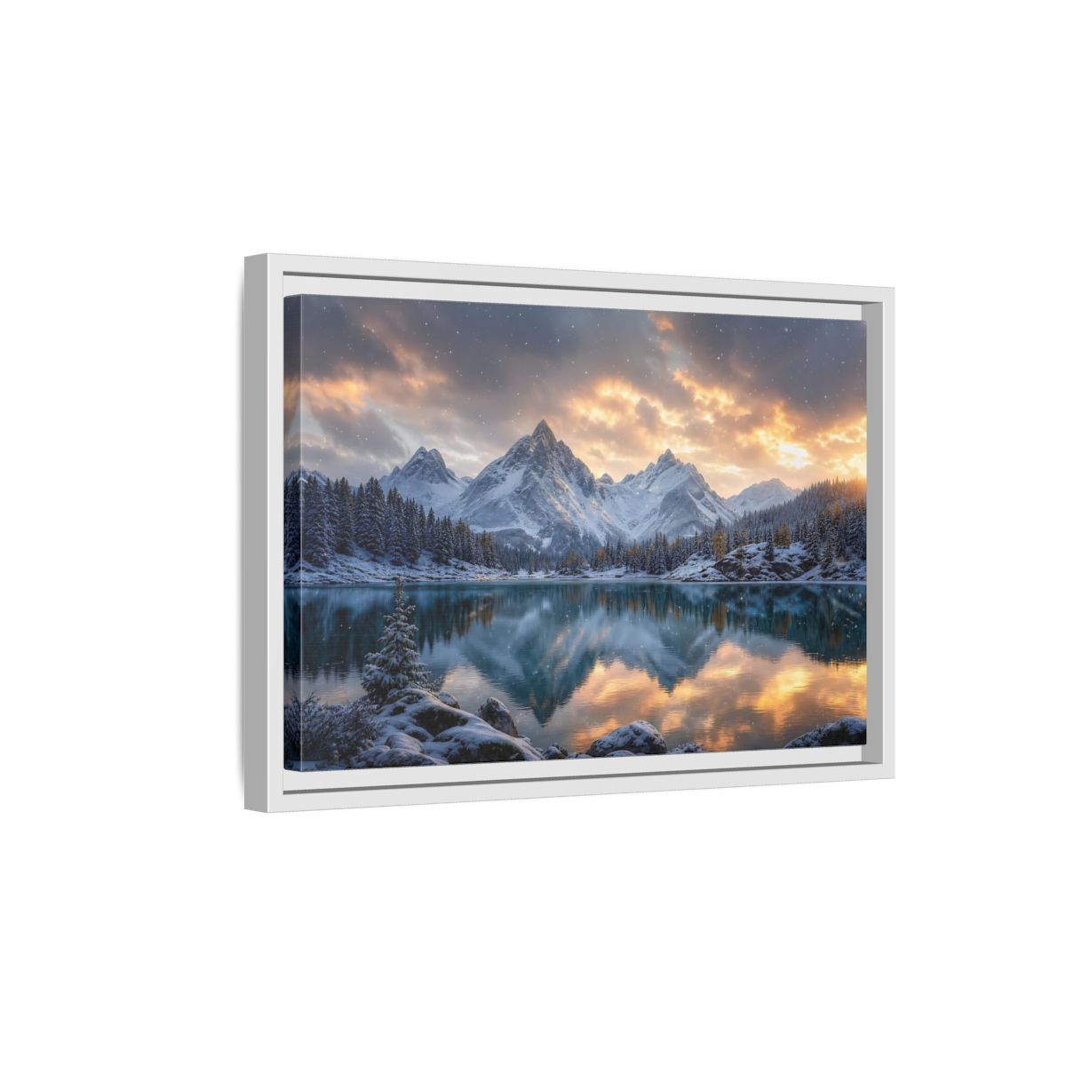 Side Mockup 4. Alpine Sunset Reflection shown as framed canvas print