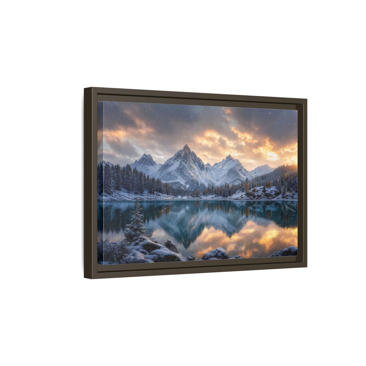 Side Mockup 5. Alpine Sunset Reflection shown as framed canvas print