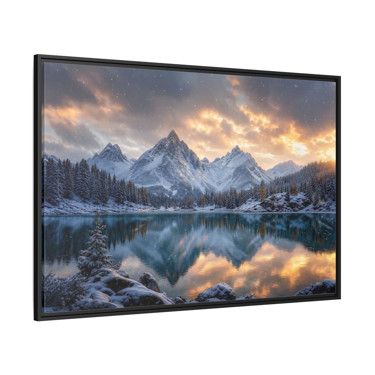 Side Mockup 12. Alpine Sunset Reflection shown as framed canvas print