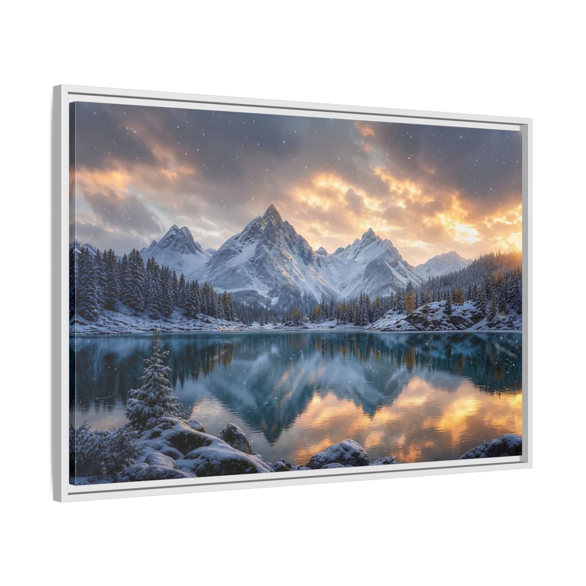Side Mockup 9. Alpine Sunset Reflection shown as framed canvas print