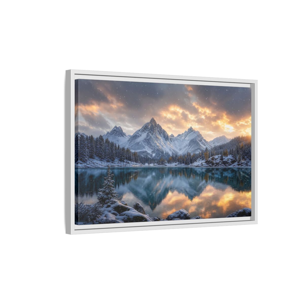 Side Mockup 1. Alpine Sunset Reflection shown as framed canvas print