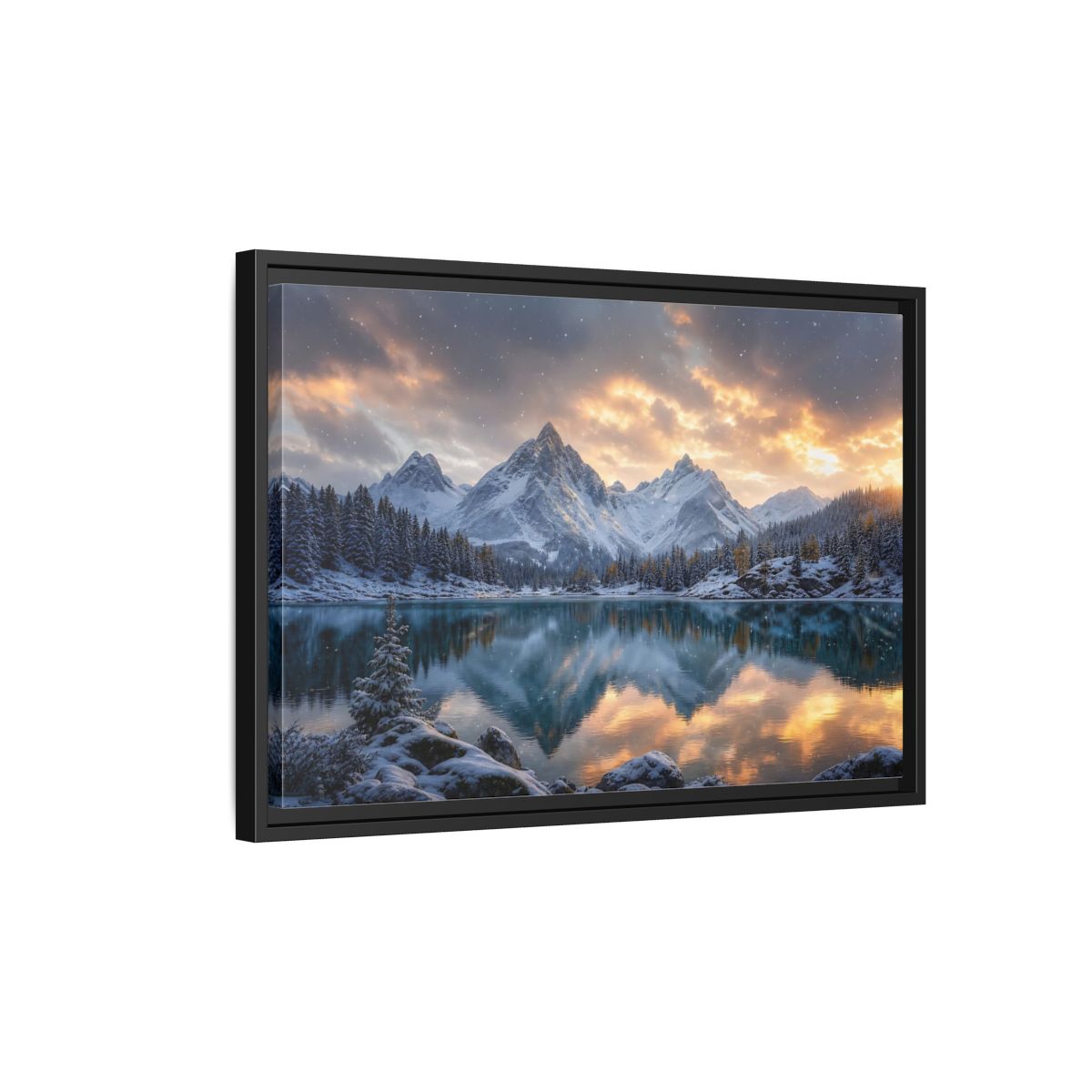 Side Mockup 3. Alpine Sunset Reflection shown as framed canvas print
