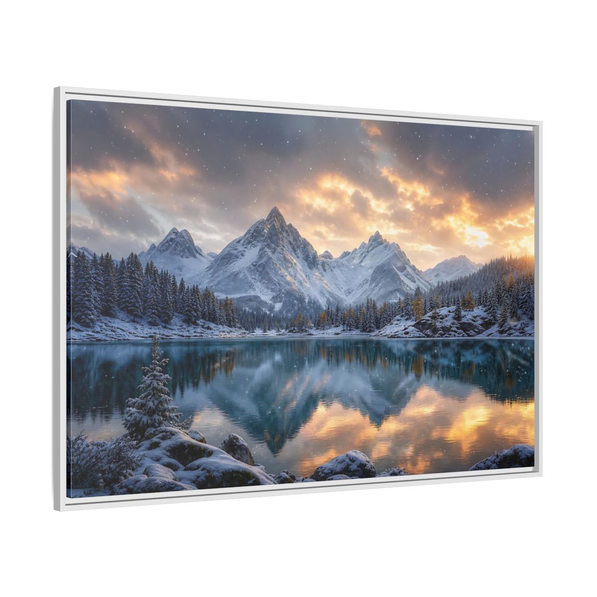 Side Mockup 7. Alpine Sunset Reflection shown as framed canvas print