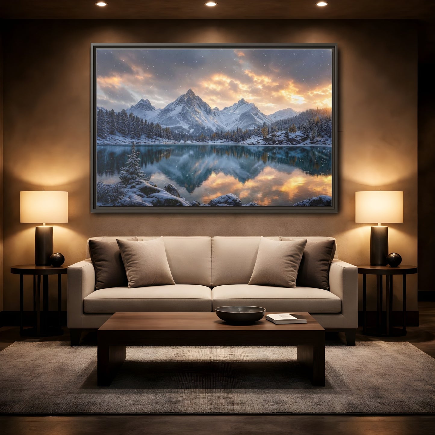 Mockup 2. Alpine Sunset Reflection shown as framed canvas print