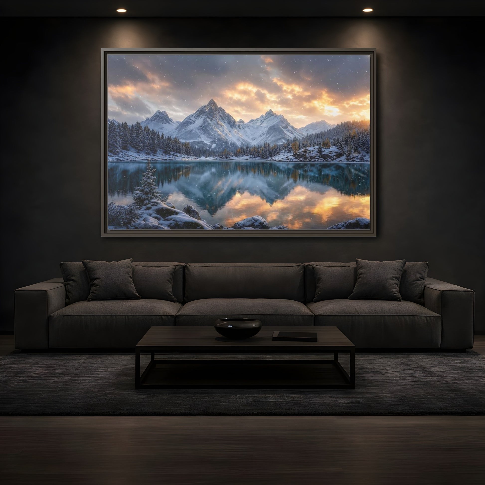 Mockup 3. Alpine Sunset Reflection shown as framed canvas print