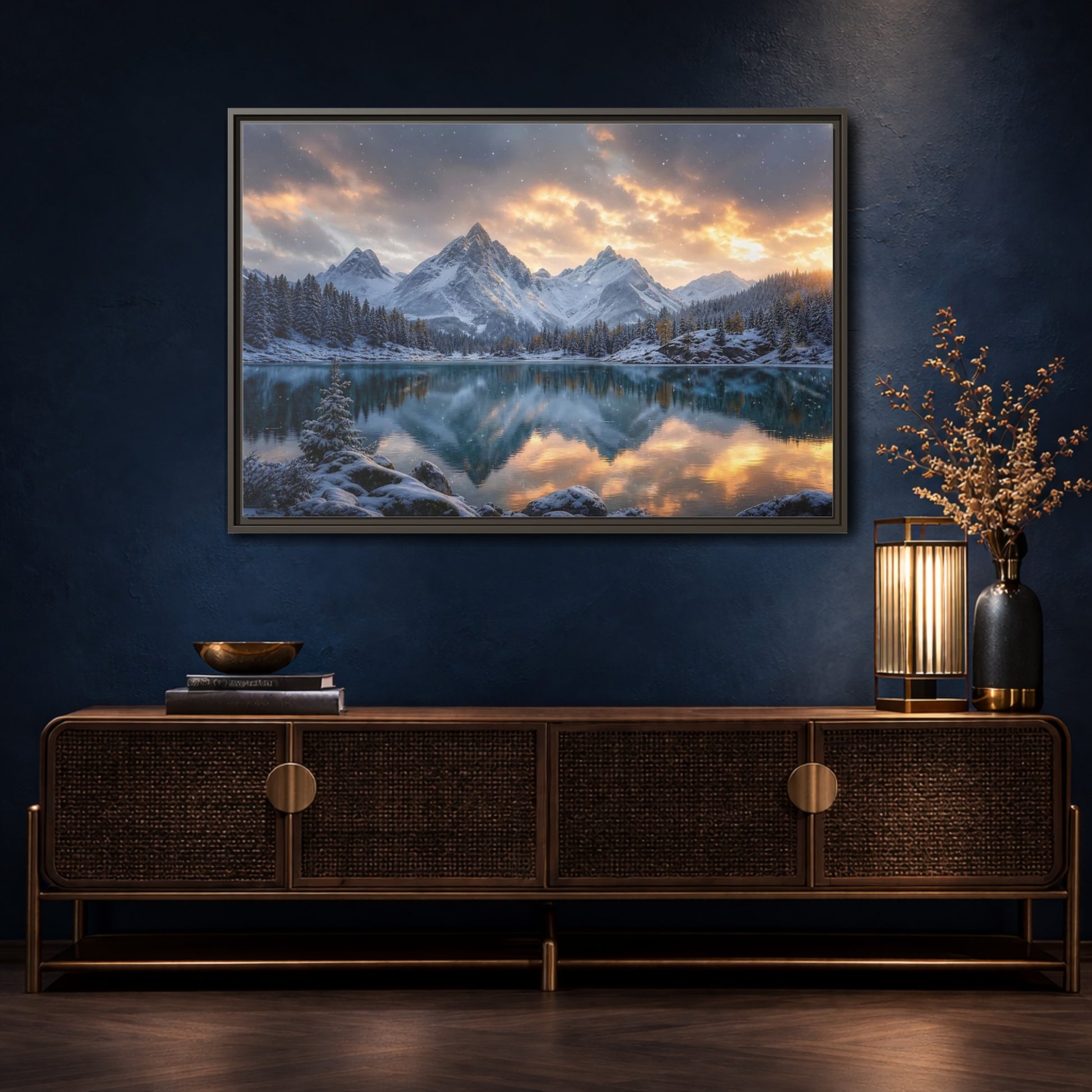 Mockup 4. Alpine Sunset Reflection shown as framed canvas print