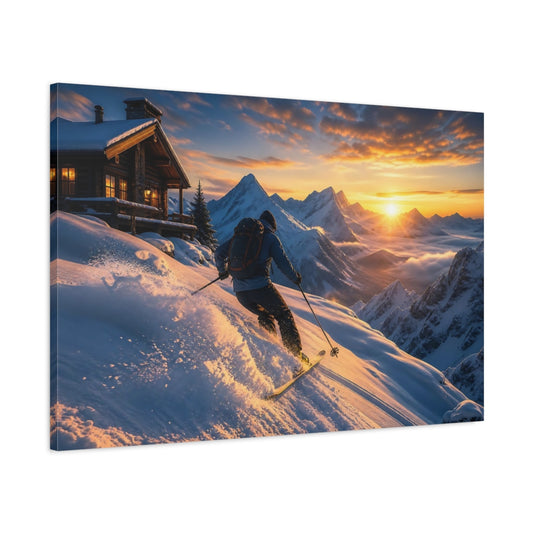 Main Mockup. Alpine Sunset Skiing shown as canvas print