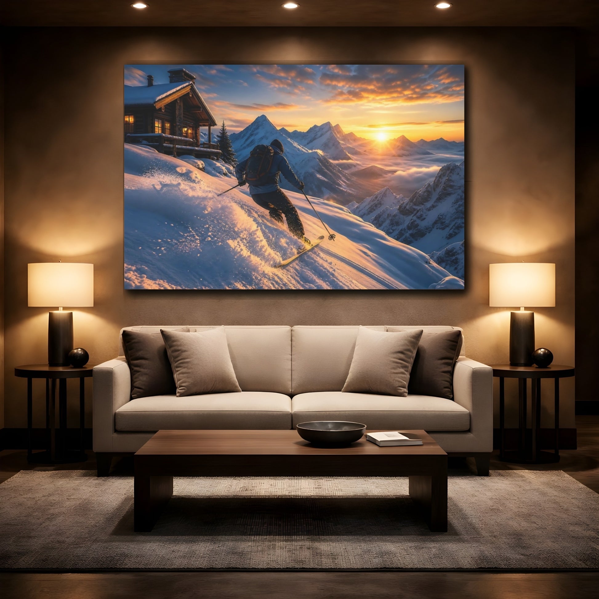 Mockup 2. Alpine Sunset Skiing shown as canvas print