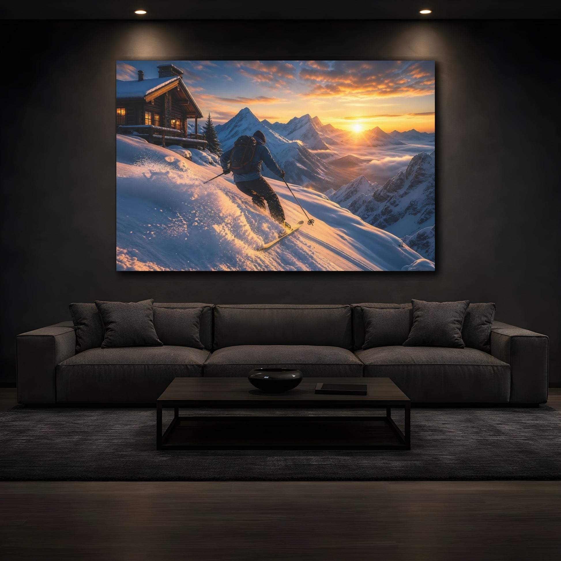 Mockup 3. Alpine Sunset Skiing shown as canvas print