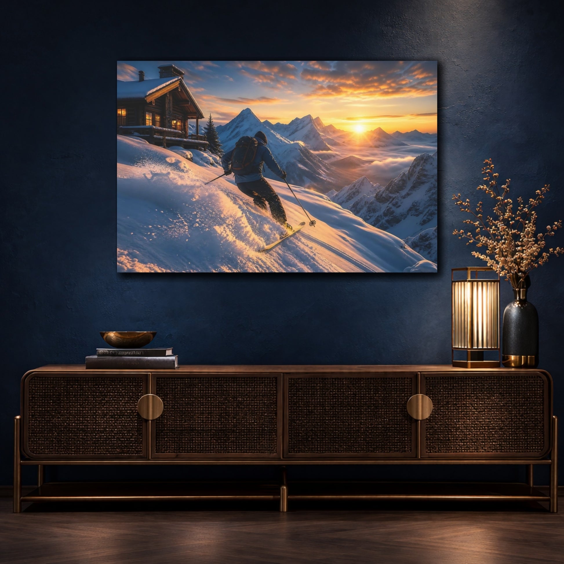 Mockup 4. Alpine Sunset Skiing shown as canvas print