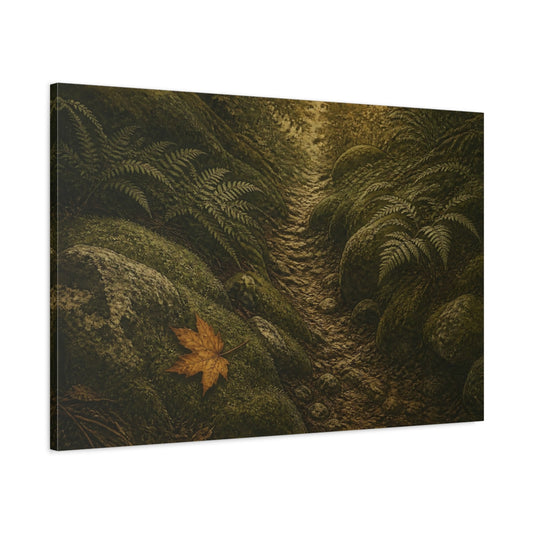 Main Mockup. Amber Leaf On Mossy Path shown as canvas print
