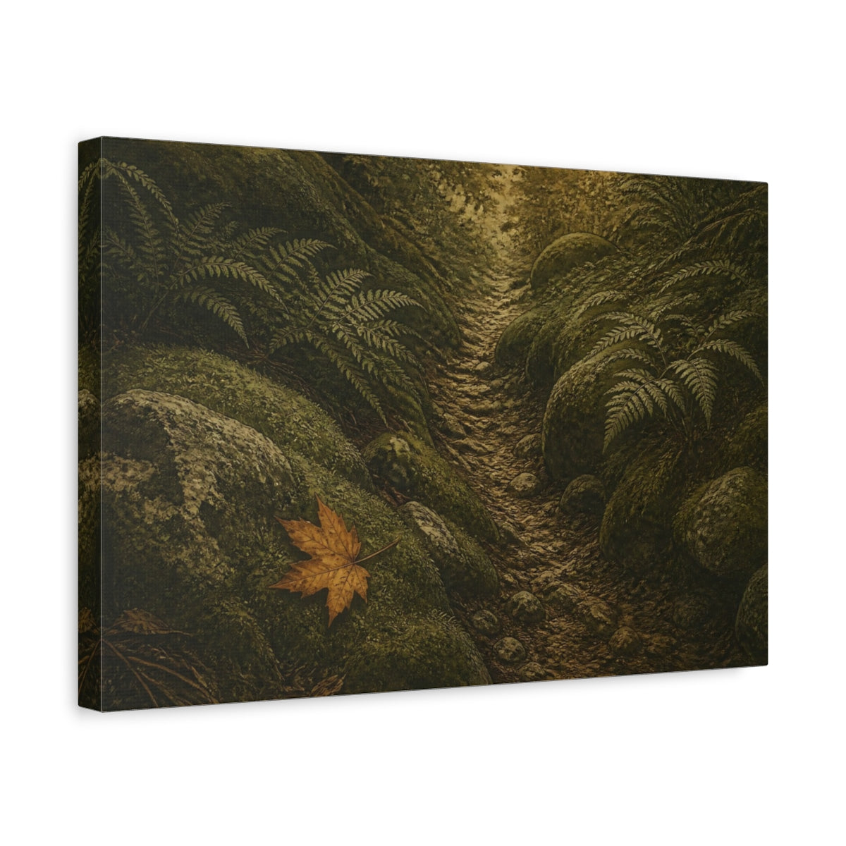 Side Mockup 4. Amber Leaf On Mossy Path shown as canvas print
