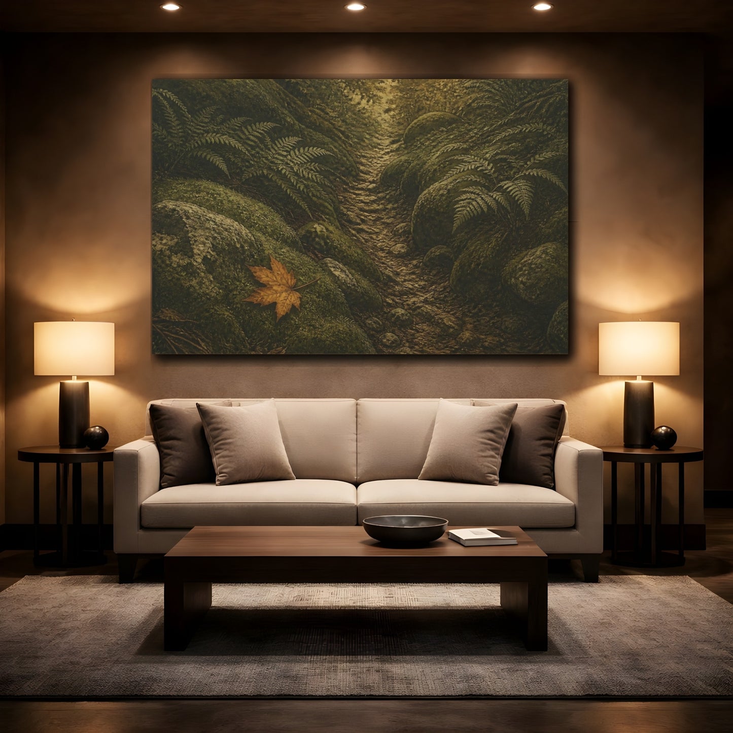 Mockup 2. Amber Leaf On Mossy Path shown as canvas print