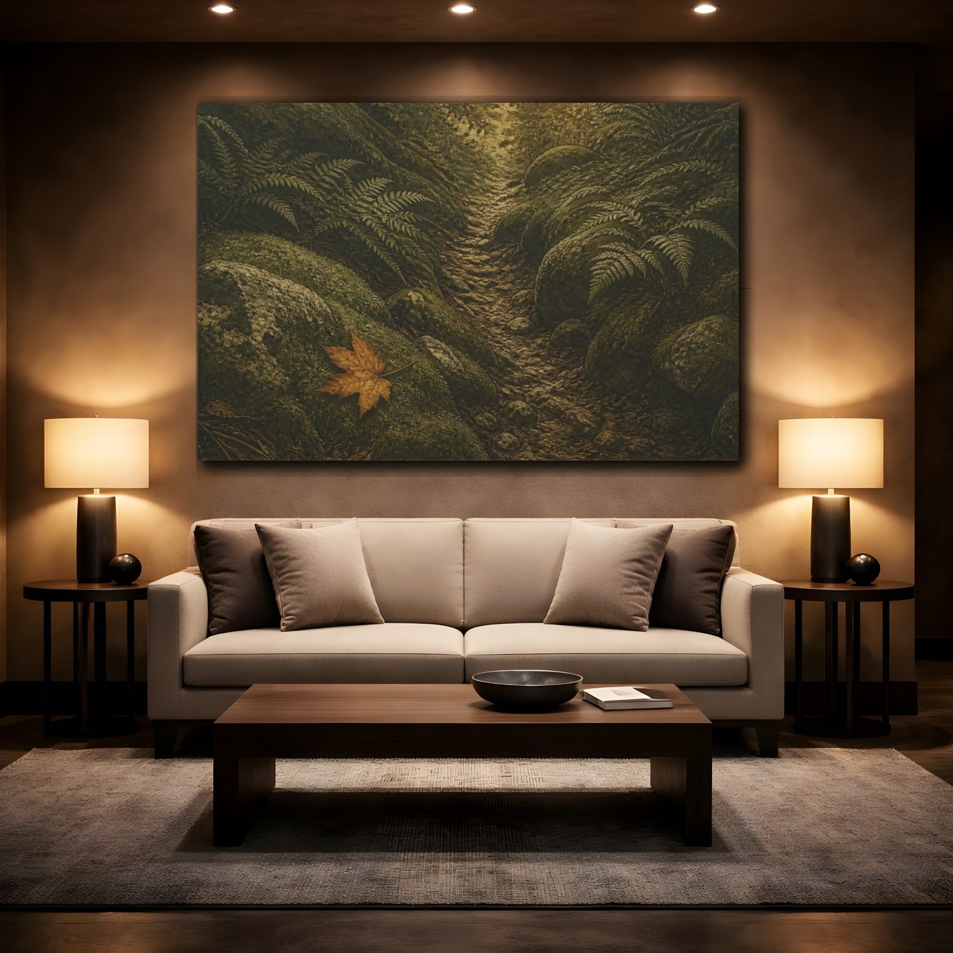 Mockup 2. Amber Leaf On Mossy Path shown as canvas print