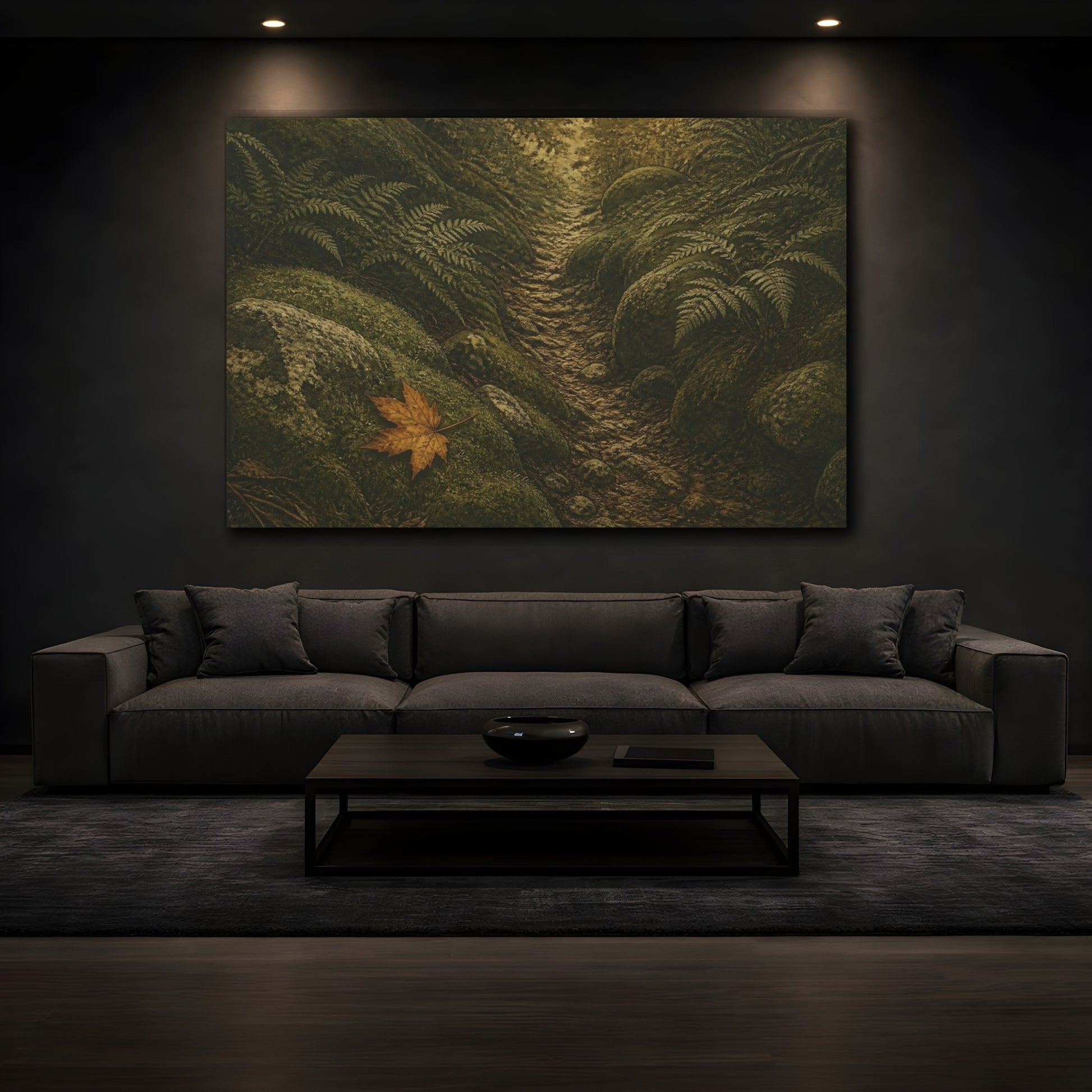 Mockup 3. Amber Leaf On Mossy Path shown as canvas print