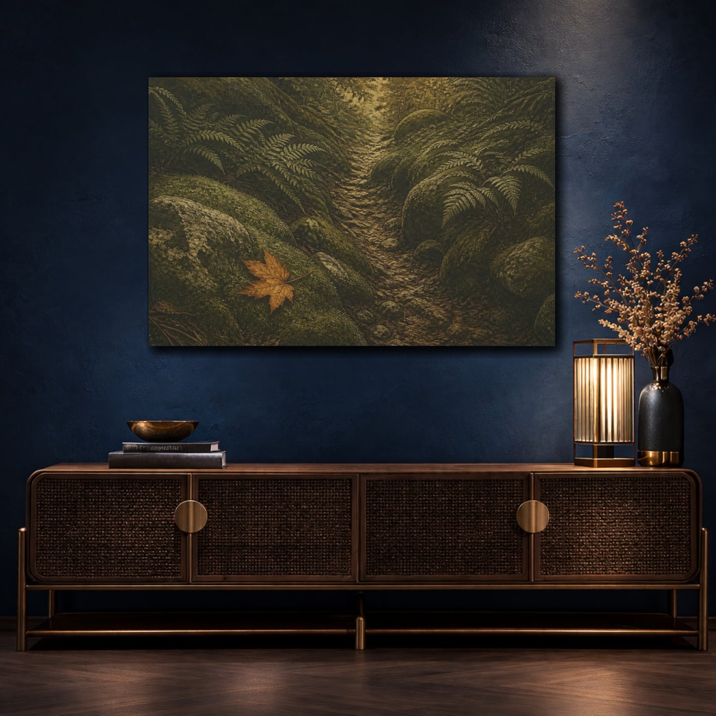 Mockup 4. Amber Leaf On Mossy Path shown as canvas print
