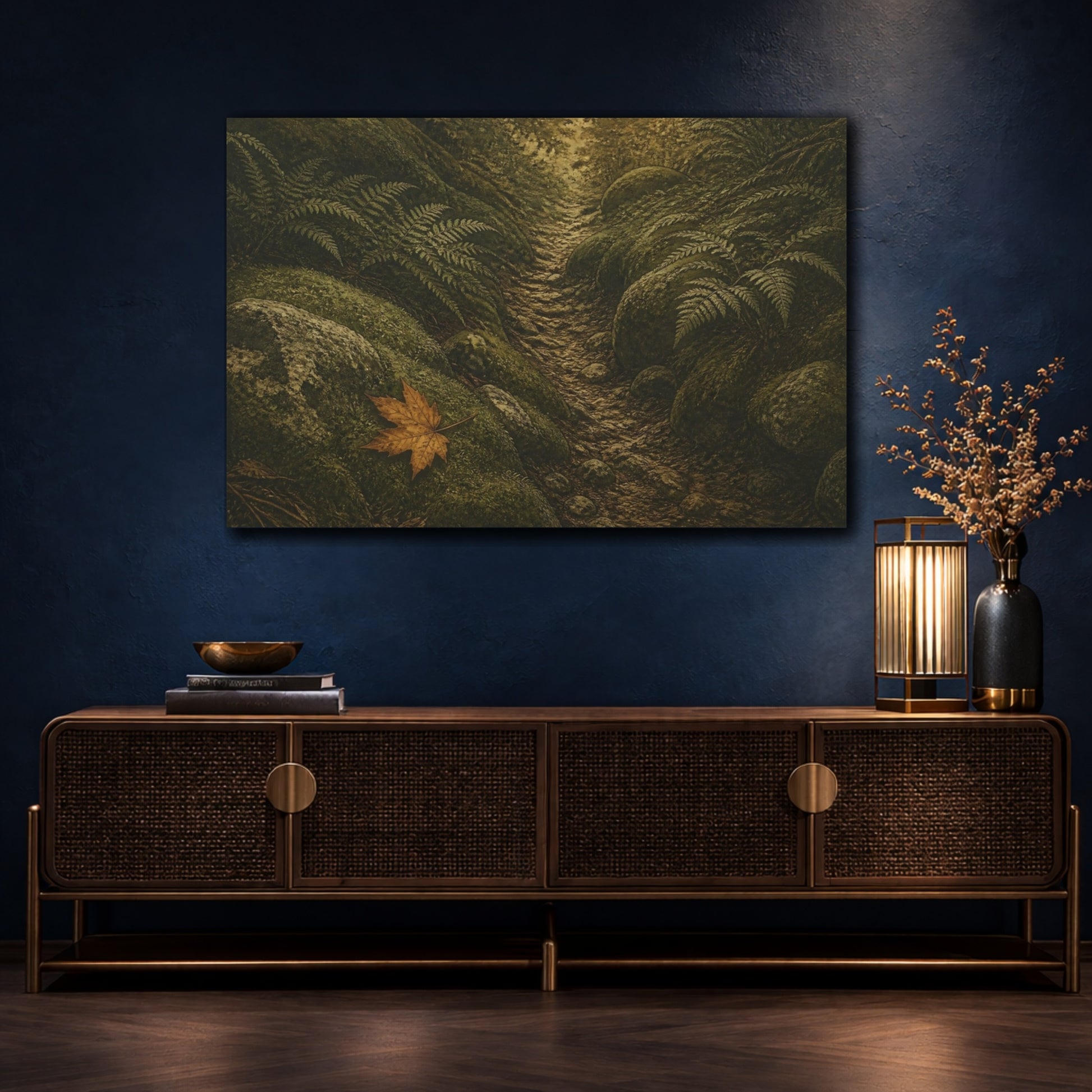 Mockup 4. Amber Leaf On Mossy Path shown as canvas print