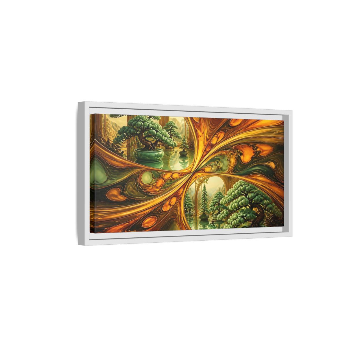 Side Mockup 6. Amber Mirror Bonsai Garden shown as framed canvas print