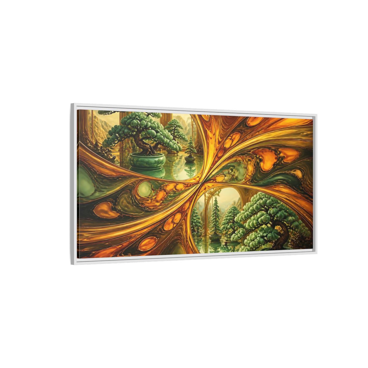 Side Mockup 3. Amber Mirror Bonsai Garden shown as framed canvas print